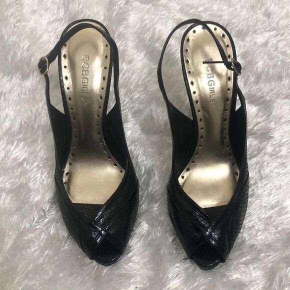 BCB Girls Snake Print Open Toe black heels 8.5 - Picture 1 of 4